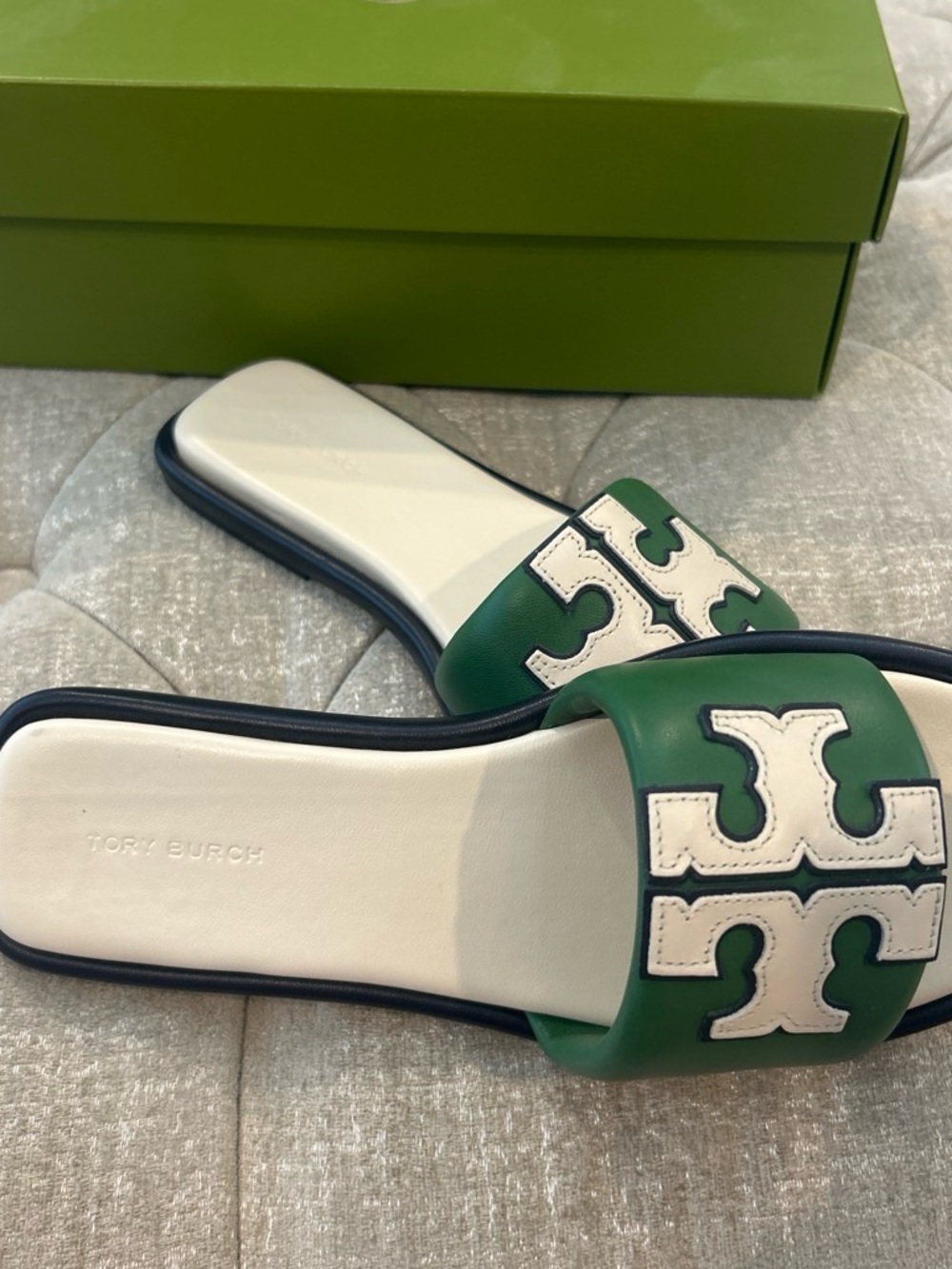 Tory Burch Green and White Logo Slide Sandals